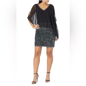 JKARA NWT Beaded Sequins Sparkle Cape Shawl Black Dress 18W